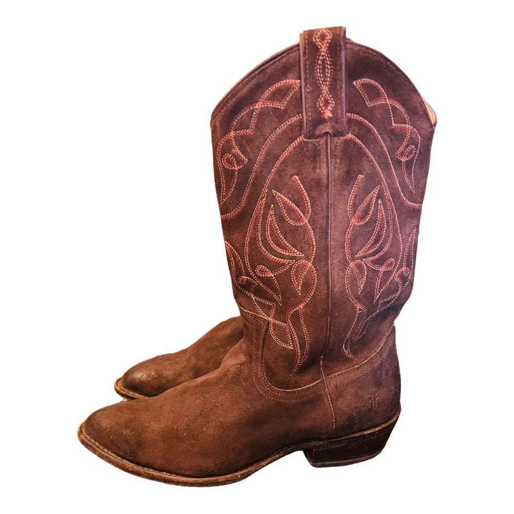 Frye Billy stitch cowgirl western boots brown with orange stitching design sz 9